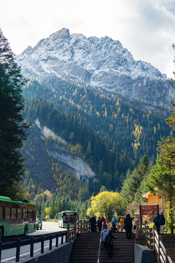 services-01 Tourists on a pathway with a stunning backdrop of snow-capped mountains and autumn foliage.